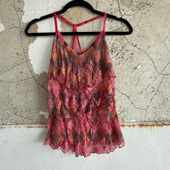 Rue21 Tops - Y2K Lace Ruffle Tank Top Pink Orange Brown Sheer Festival Size S